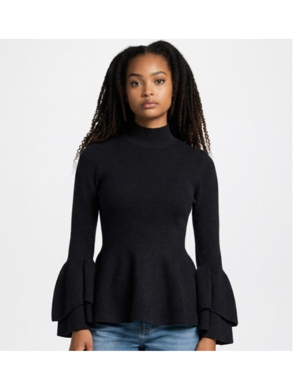Tuckernuck Women Black High-Neck Bell Sleeves Polyester Nylon Wool Blend XXS